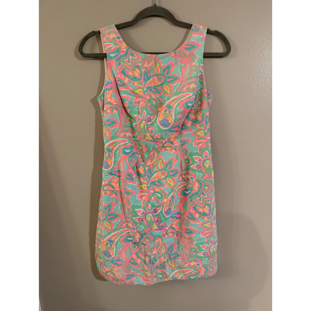 Lilly Pulitzer Pink Green Paisley Floral Sleeveless Shift Dress Gold Zipper 0